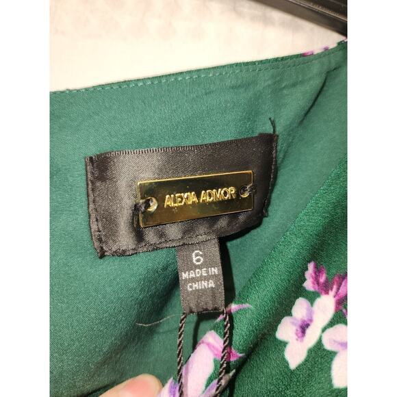 Alexia Admor Bubble Midi Dress Floral High Split Green Size 6 Long Sleeve 3476 - Picture 7 of 13